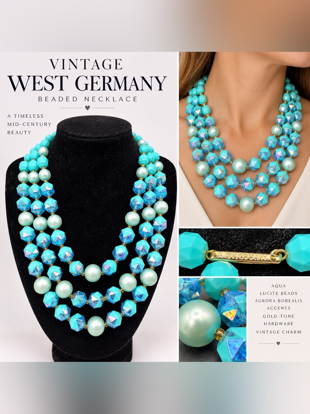 Vintage W Germany Aqua Lucite Double Strand Aurora Borealis Necklace